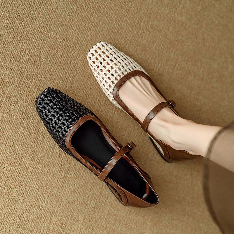 Krazing Pot Cow Skin Weaving Summer Size 41 Low Heels Party Shoes Women Square Toe Gladiator Hollow Out Pumps