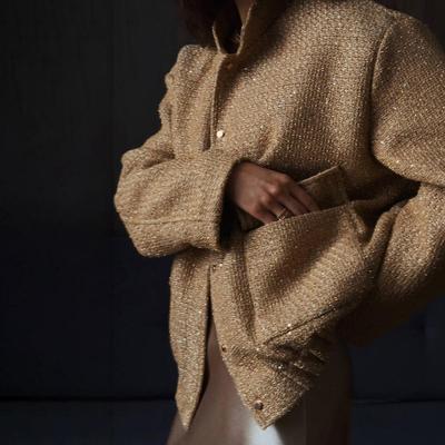 Stile europeo autunno abbigliamento donna nuova moda glitter impreziosito collo alto giacca ampia corta tinta unita giacca cappotto