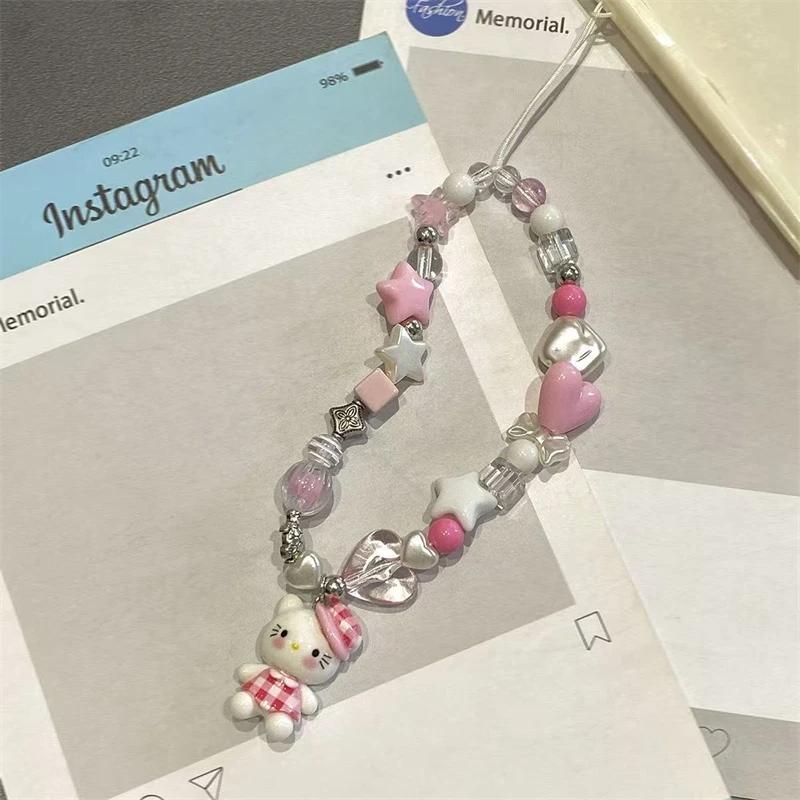 Süßer Rosa Schleifenknoten Sanrio Hello Kitty Handykette Schlüsselanhänger Anhänger Cartoon Handyhülle Kette CCD-Kamera Anhänger Zubehör