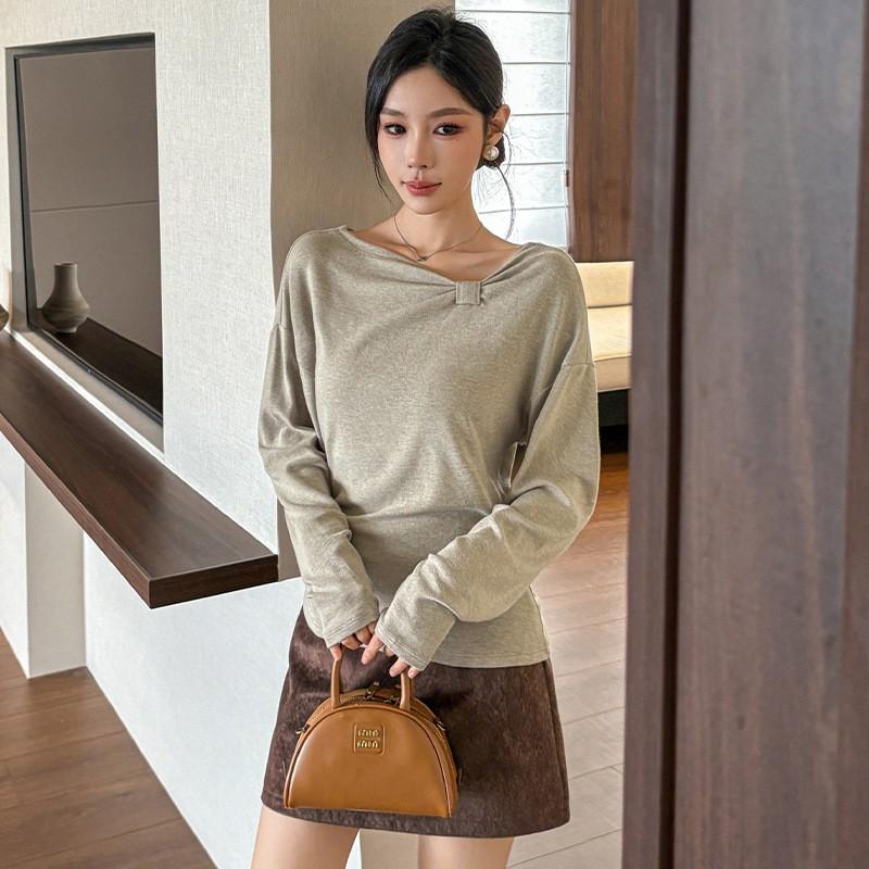 Womens Long Sleeve T-Shirt Irregular Bow Tie Design Solid Color Slim Fit Casual Top Daily Wear