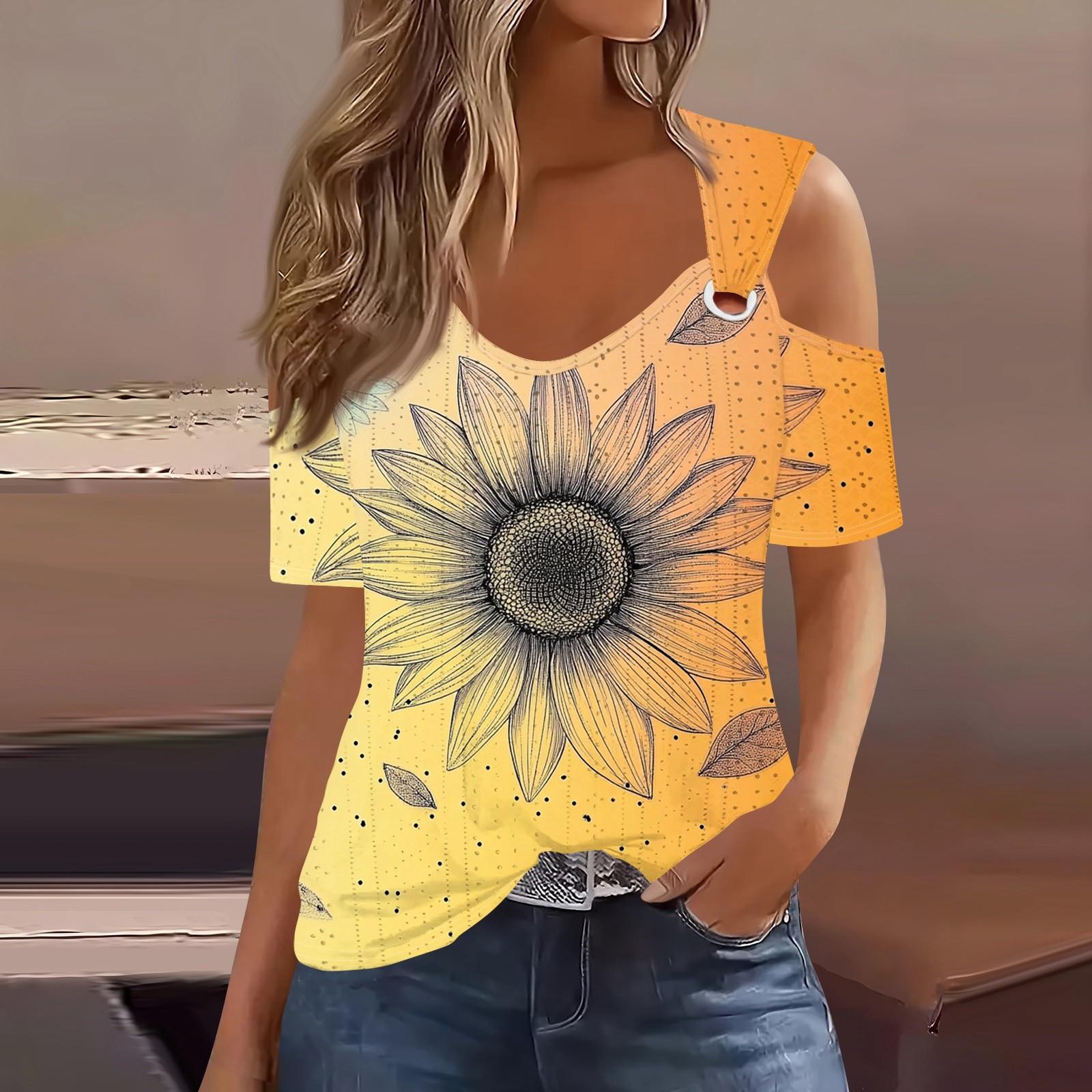 

Сексуальные топы Cold Sholuder для женщин, летняя блузка с коротким рукавом и вырезом, свободная футболка с V-образным вырезом, модные повседневные туники XL жёлтый