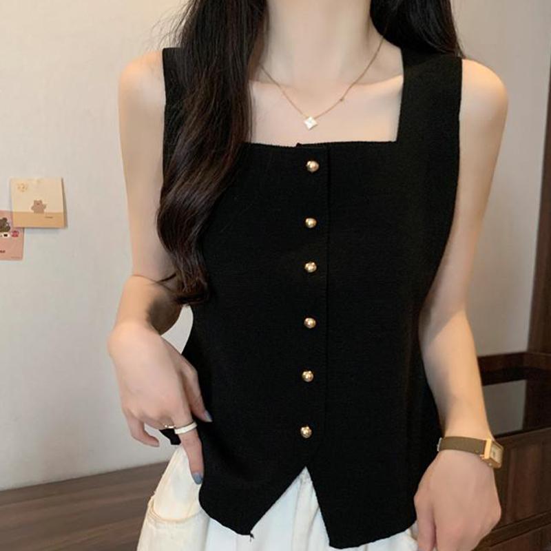 French Retro Solid Color Square Neck Single-Breasted Sleeveless Slim Knitted Vest For Women