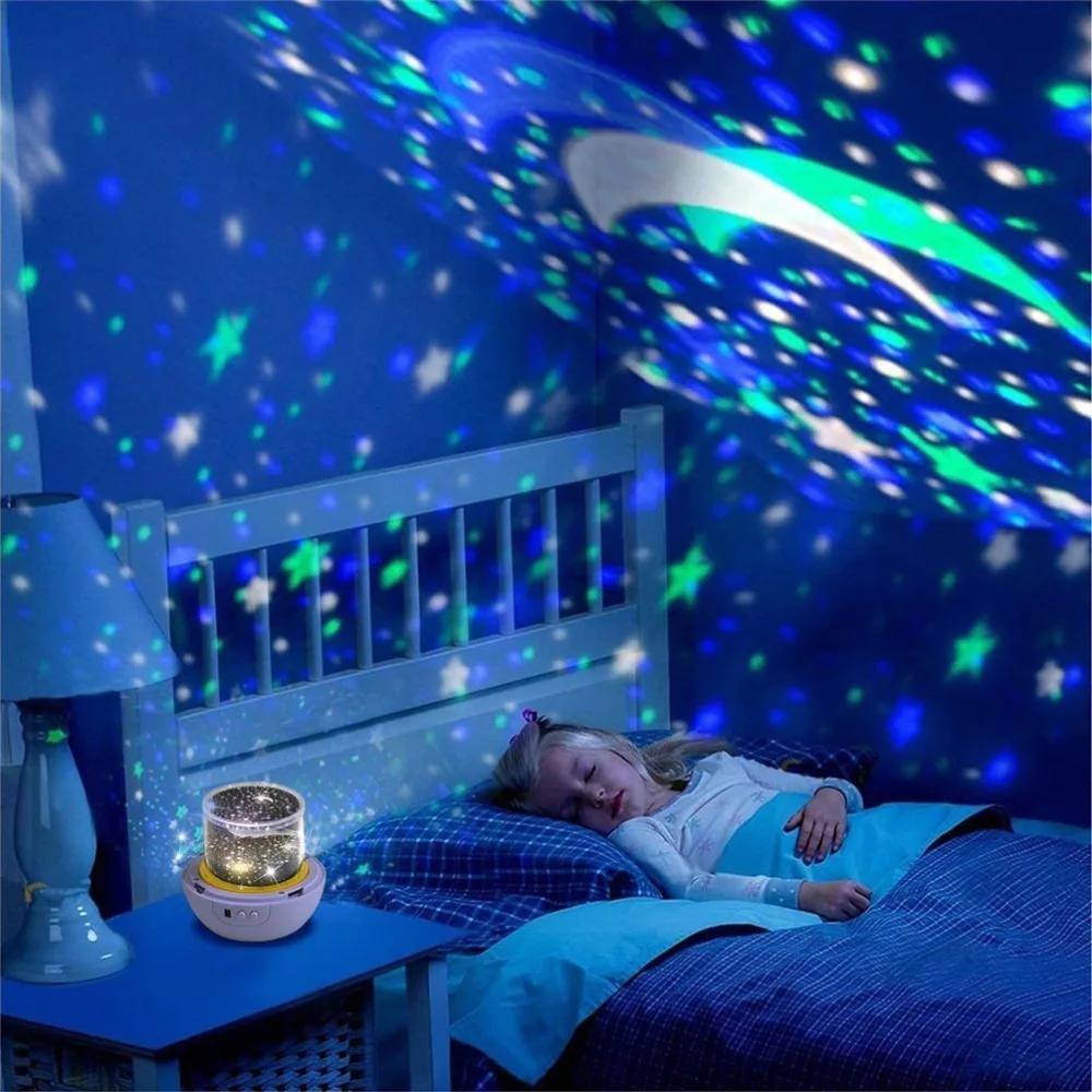 Night Light Projector Star Moon Sky Rotating Battery Operated Bedside Lamp for Children Kids Baby Bedroom Nursery 5 Sets of Film