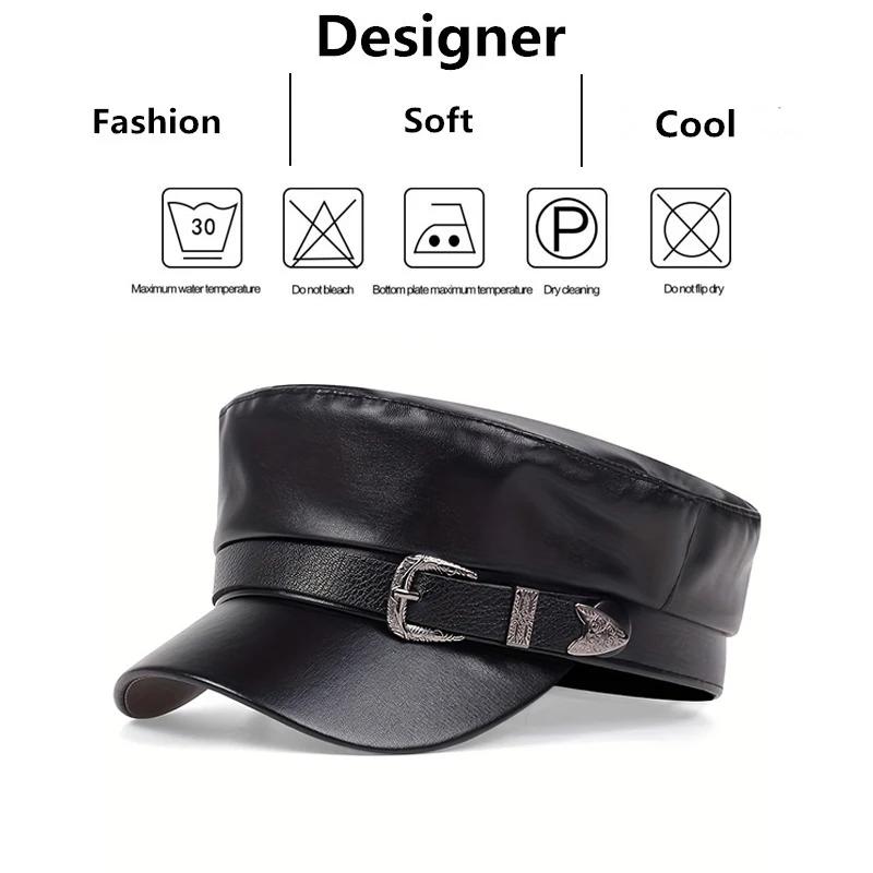 Sailor Autumn Spring Hat Leather Buckle Belt Large Women Fashionable Trendy Hats Black Ladies Beret Caps Men Flat Top Captain Military Caps