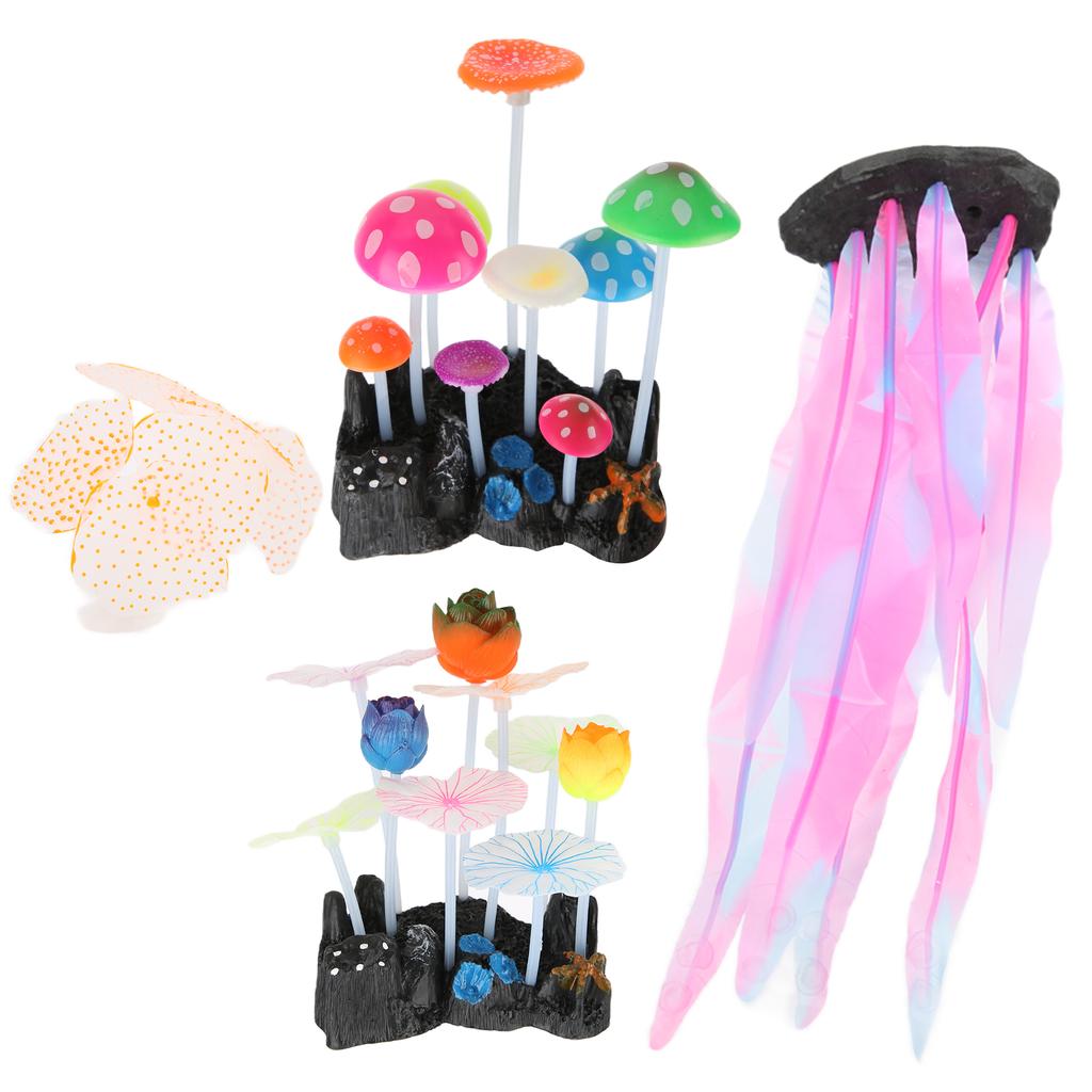 4 Pack Simulation Mushrooms Aquarium Decoration Coral Mushroom Soft Silicone Glow Plant