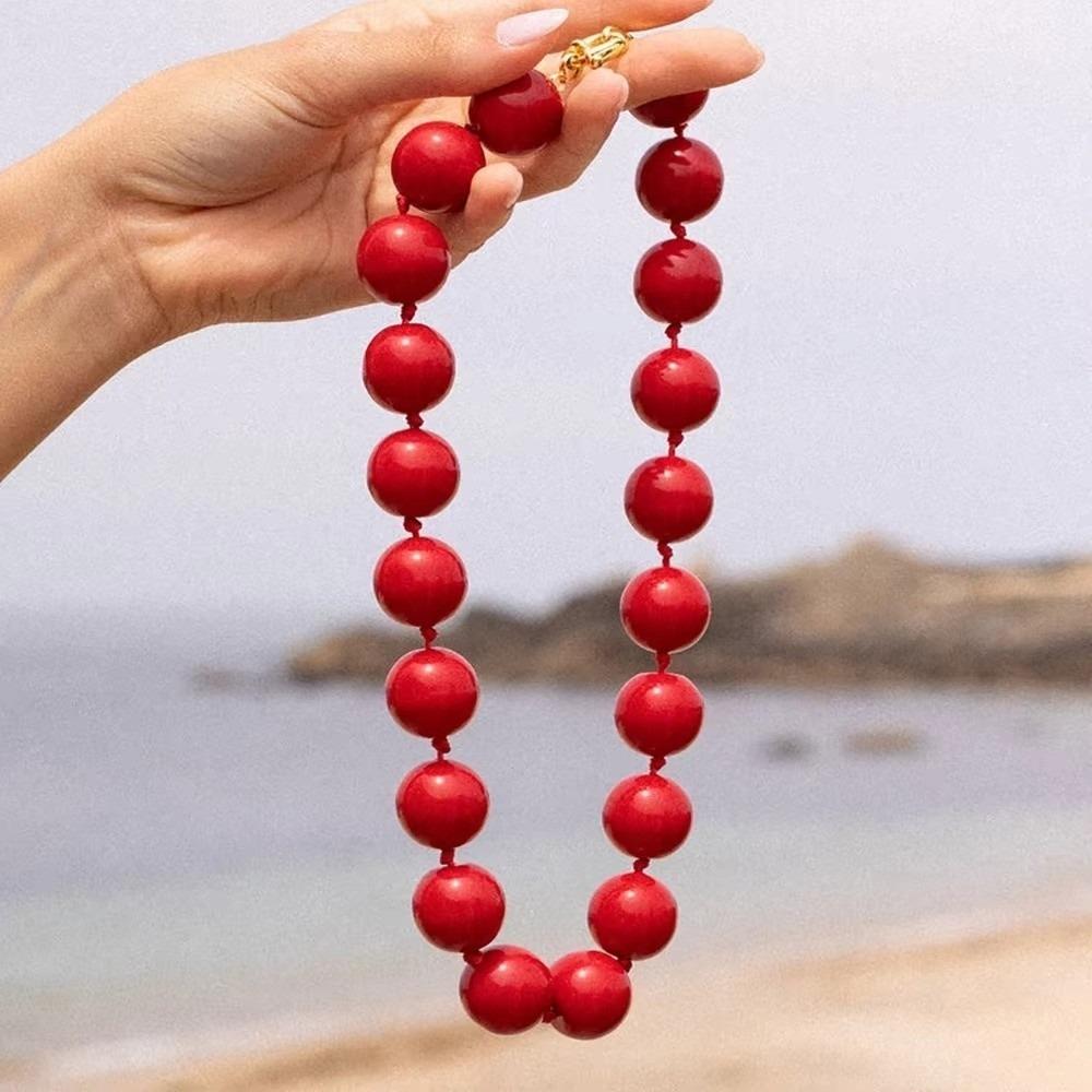 Round Women Choker Candy Color Clavicle Chain Fashion Beaded Necklace Delicate Charms красный