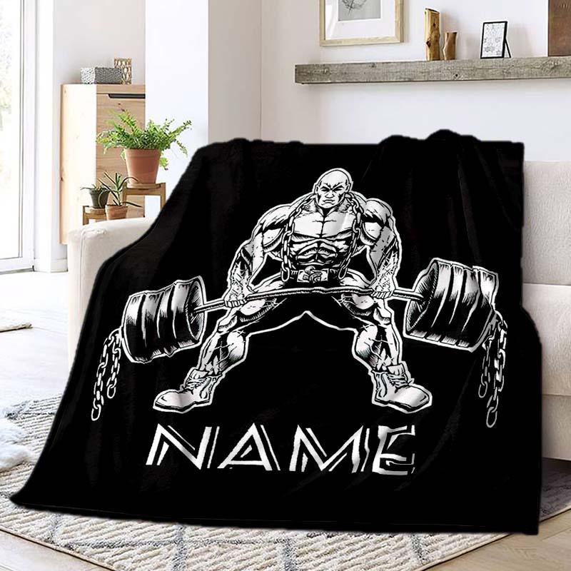Muscular Man Lifting Weights Customize Your Name Blanket Warm Comfortable Soft Blanket For Chair Office Sofa Bed Sofa Office Camping Suitable For