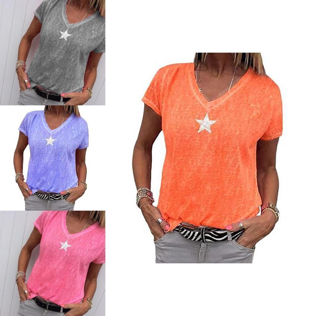 Stylish Women V-neck T-shirt Casual Loose Star Summer Shirts Solid Short Sleeve Perfect For Outdoor Activities