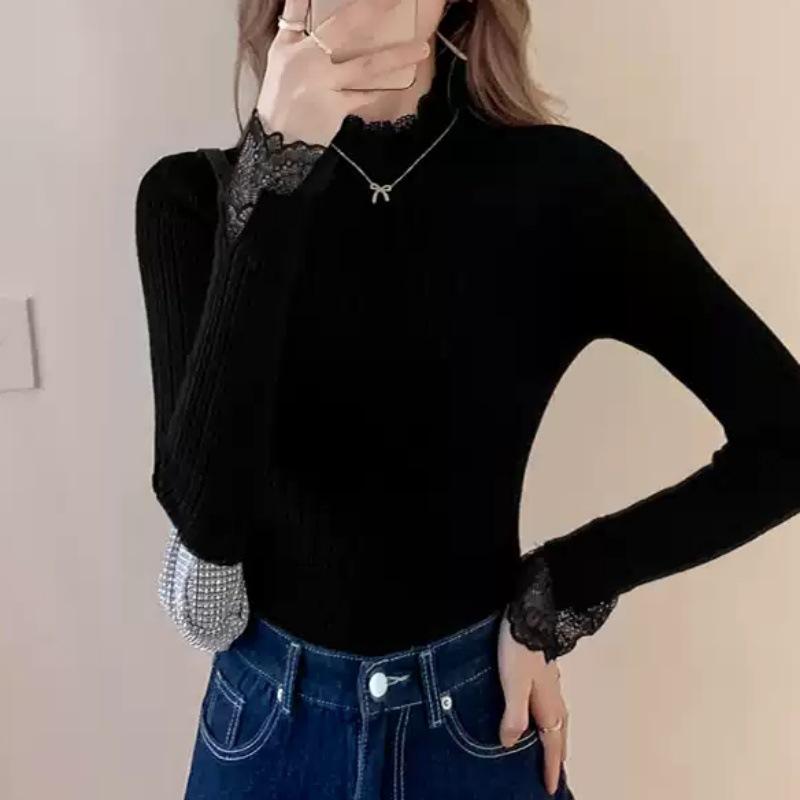 Lace - Trimmed Sweater Women's Spring and Autumn Half Turtleneck Slim Pullover Casual Long - Sleeved Knitted Sweater