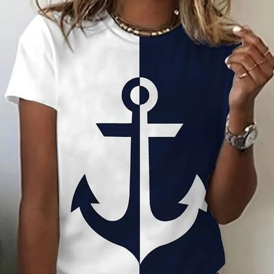 Camiseta de verano 2024 con estampado de ancla para mujer, camisetas oversize con cuello redondo, moda femenina de talla grande