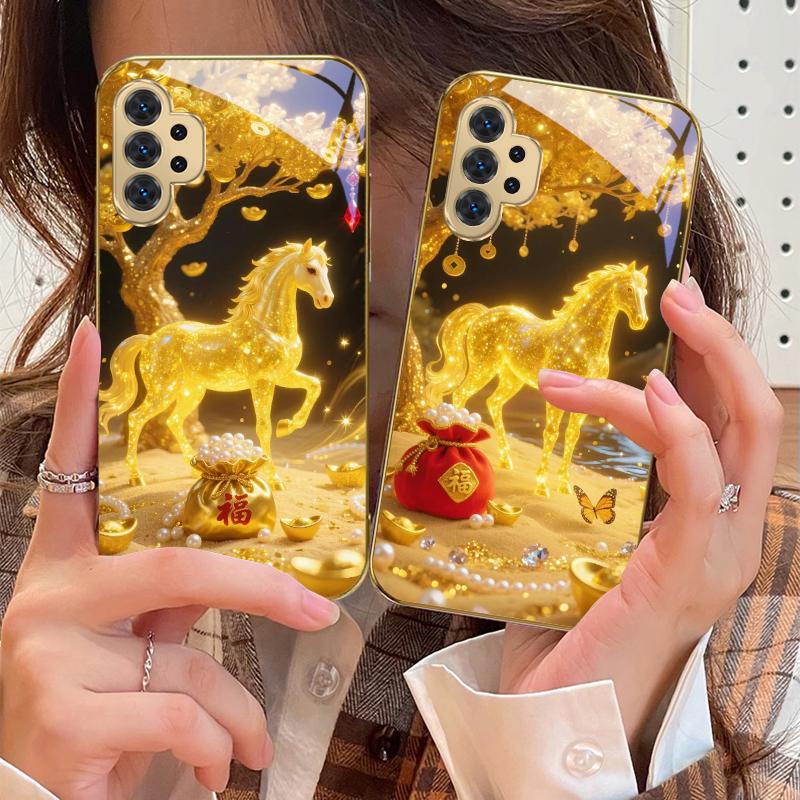 The Golden Fighting Horse For Samsung A 31 32 33 34 35 14 15 13 16 25 26 50 52 53 54 55 56 70 71 72 73 Golden Glass Phone Case