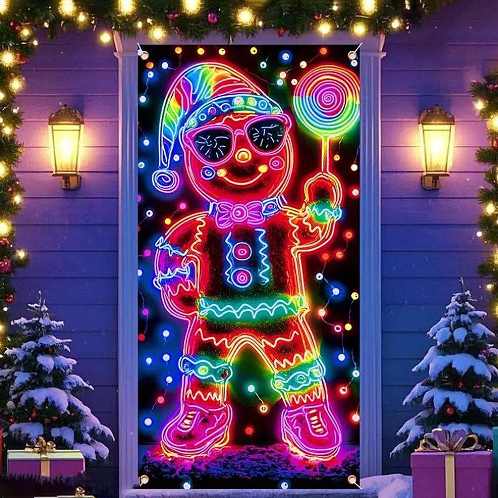 Christmas Door Banner 70x35 Inch Fluorescence Holiday Sign Christmas Front Door Decoration Cover For Porch Farmhouse Indoor