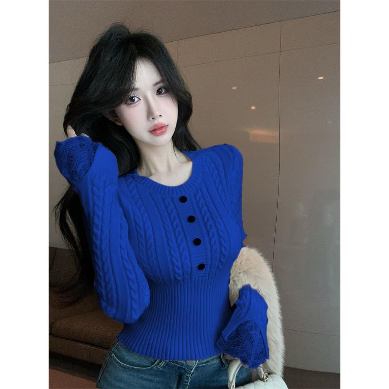 Autumn Winter Round Neck Vintage Slim Waist Sweater Women Casual Fashion All-match Pullover Knitting Top