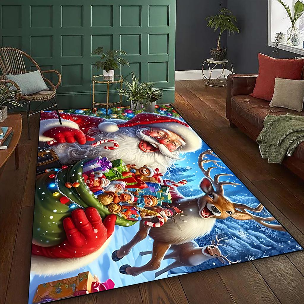 Santa & Reindeer Plush Christmas Mat Large Holiday Rug for Living Room, Kitchen, Bedroom, Festive Home Decor
