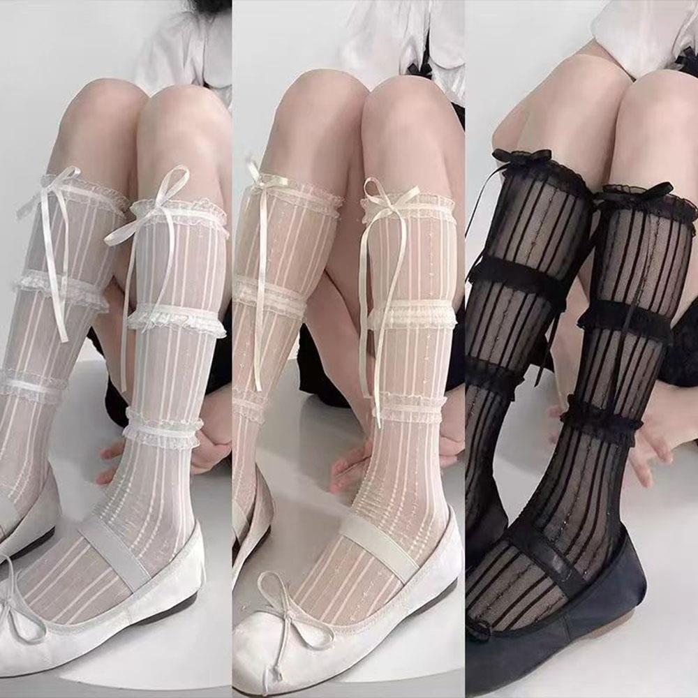 Ballet Middle Tube Socks Ballet Style Socks Women Summer Sweet Lace Ribbon Bowknot Socks Thigh High Socks Black White Socks