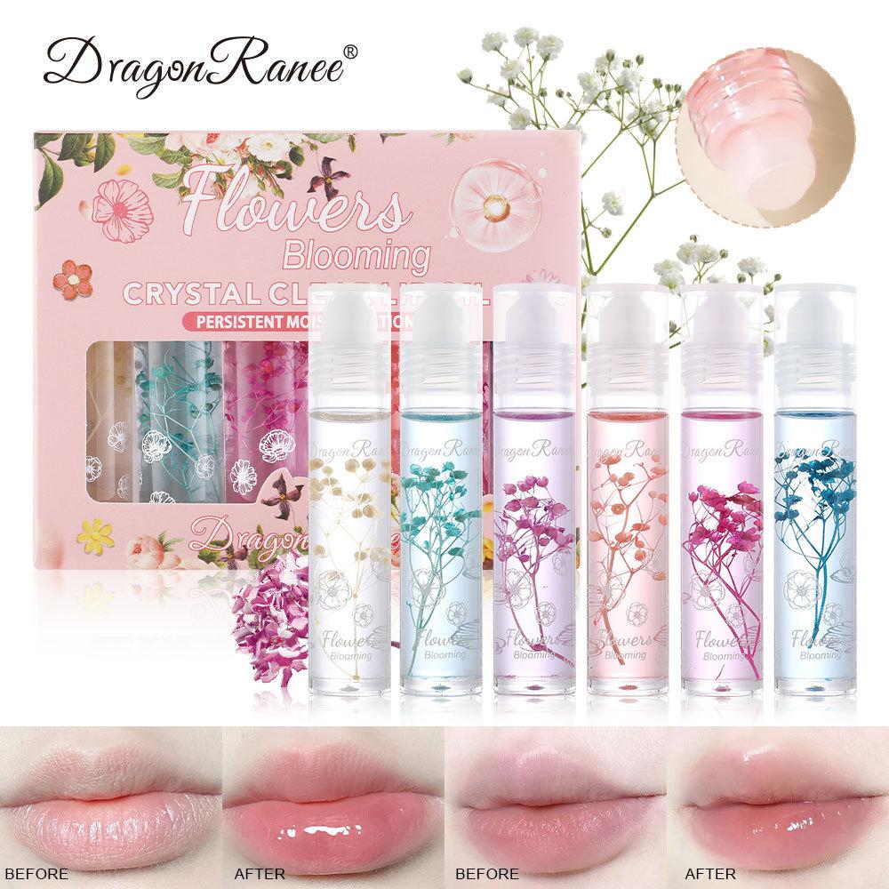 Dragon Ranee 6pcs Dried Flower Clear Lip Oil Set - Hydrating & Moisturizing, Rollerball Application, Autumn/Winter Essential