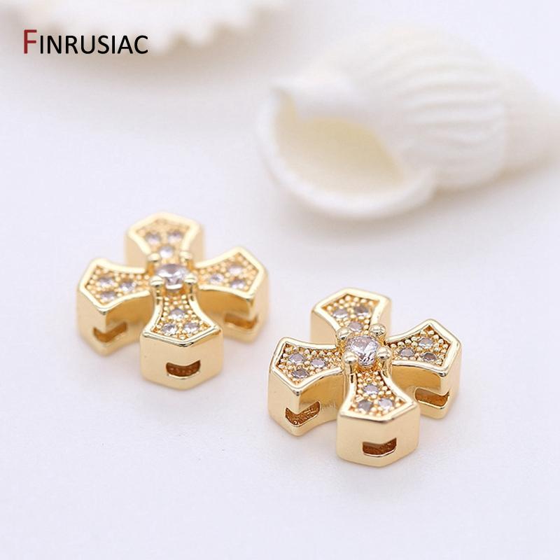 

High Quality Brass Metal Insert Zircon Rhinestone 14K Gold Plated Cross Beads Accessories For DIY Jewelry Making 1 piece