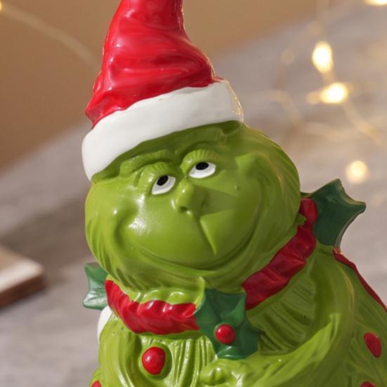 Small Christmas Sculptures Green Monsters Ornament with Santa Hat And Scarf, Resin Frog Cute Elf Tabletop Decor Figurine for Home Decoration, Outdoor