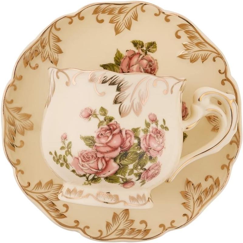 European Porcelain Tea Cups and Saucers Set, Vintage Floral Tea Cups Set, Ivory Gold Trim Floral Coffee Cups Set 8 Ounce