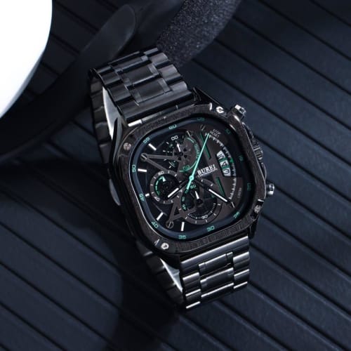 BUREI Men's Rectangular Face Chronograph Quartz Watch, Analog, Waterproof, Date, Stainless Steel, Black, Gift for Men