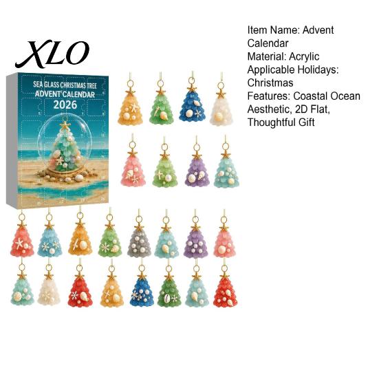 Christmas Tree Collection Gift for Adults 2026 Advent Calendar, Sea Glass 2D Acrylic Ornament Set Coastal Calendar with Hanging String, Holiday
