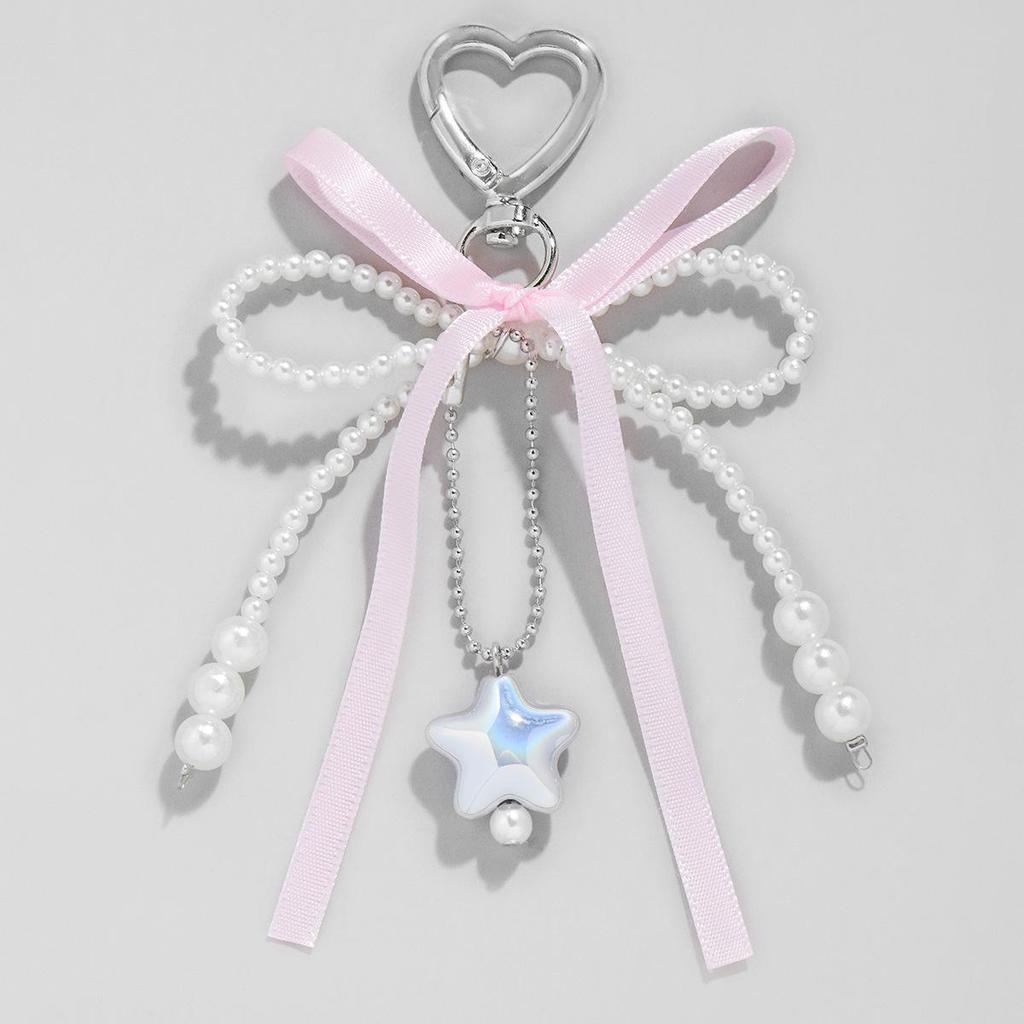Charming White Pearl Beaded Lace Bow Keychain Bag Charm
