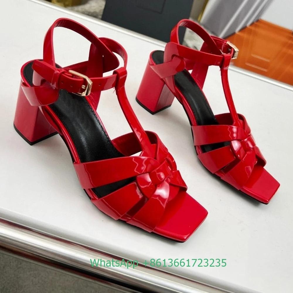 Fashion Cross Strap Square Toe Chunky Heel Women Sandals Solid Color Open Toe Real Patent Leather 6.5Cm Heels 2025 Newest Summer Sandals