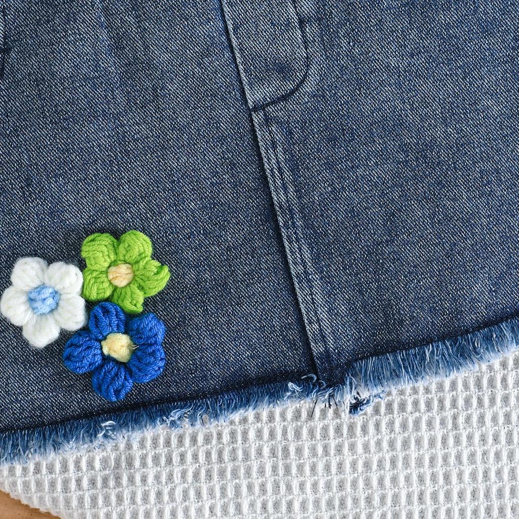 Toddler 3PCS Denim Outfit, Floral Decorated Flare Sleeve Jacket, Tank Top and Skirt