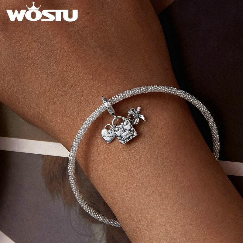 WOSTU I Love Shopping Charms din argint 925 și mărgele cu bowknot se potrivesc cu brățări originale femei, bijuterii DIY