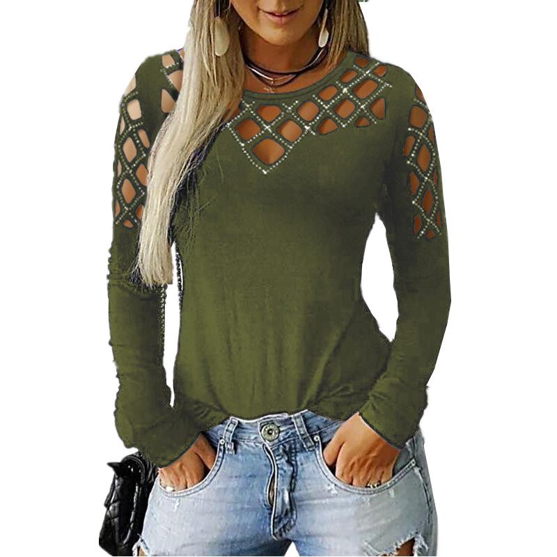 Long Sleeve Shirts for Women Oversized Crewneck Cut Hollow Rhinestone Tops Tshirts New Autumn Winter T-Shirt Top