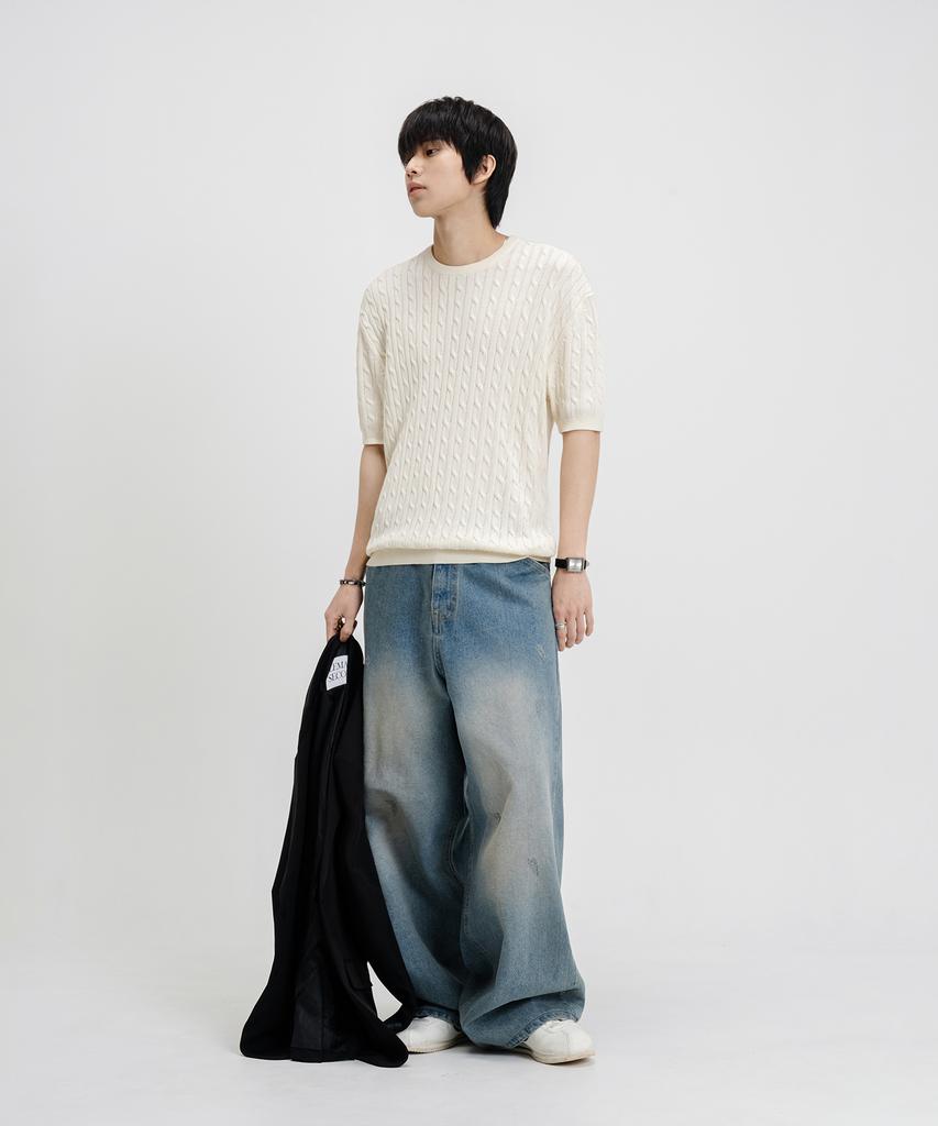 LEMAIN SECOND Oversized Washable Crew Neck Cable Short Sleeve Knit [Ivory]