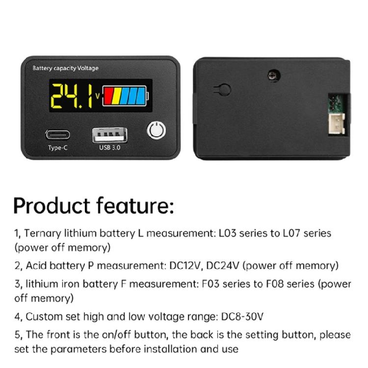 LCD Display Battery Power Monitor with  QC3.0 USB Type C Port for Electric Vehicle Solar Car Lithium Lead Acid Batteries