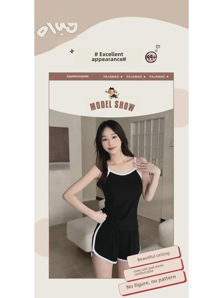 Women's Casual Summer Pajamas with Chest Pads - Suspender Shorts Set