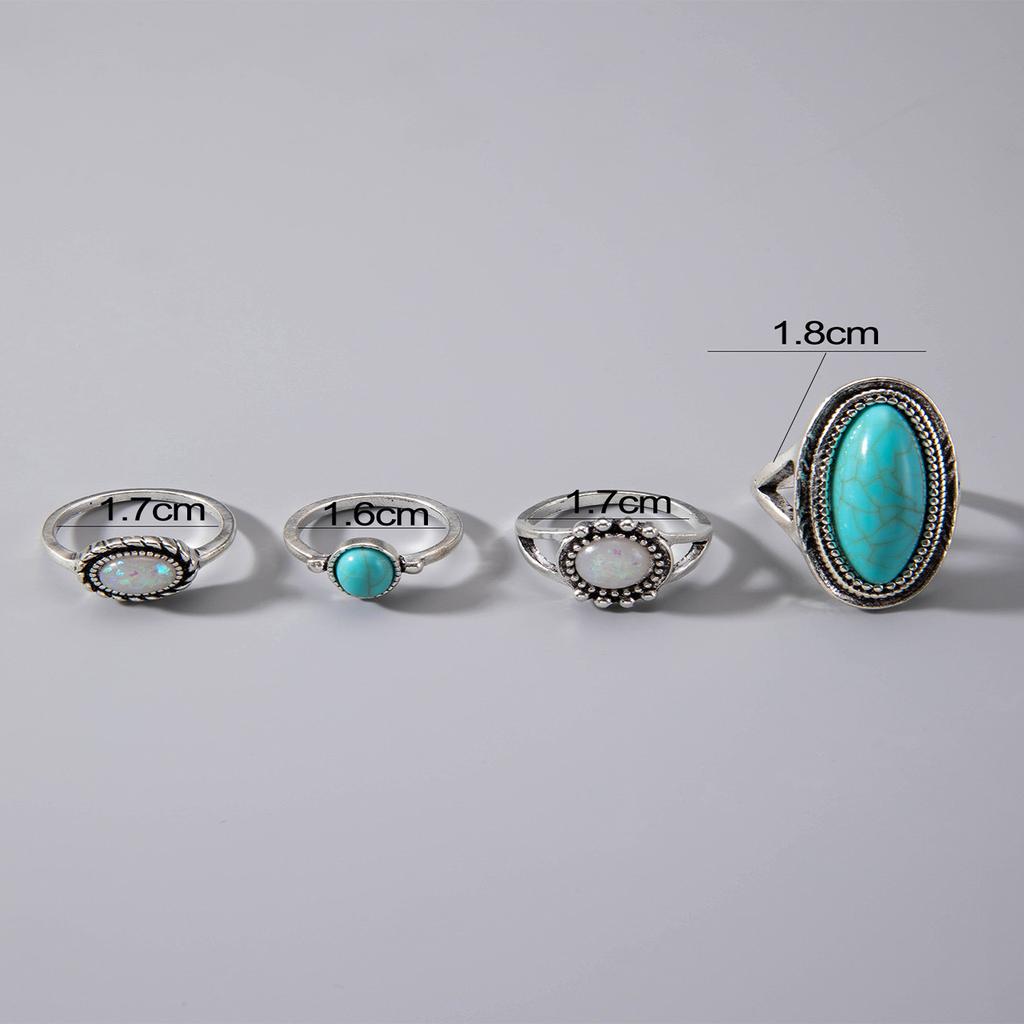 European and American Ethnic Style Carved Feather turquoise Ring Retro Personality Ring Set Combination Ring Set