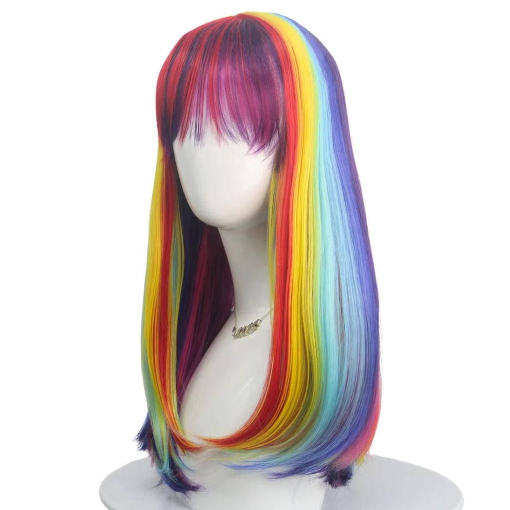 Modna Tęczowa Kolorowa Prosta Włosy Włókno Syntetyczne Peruka Świąteczna Anime Impreza cosplay