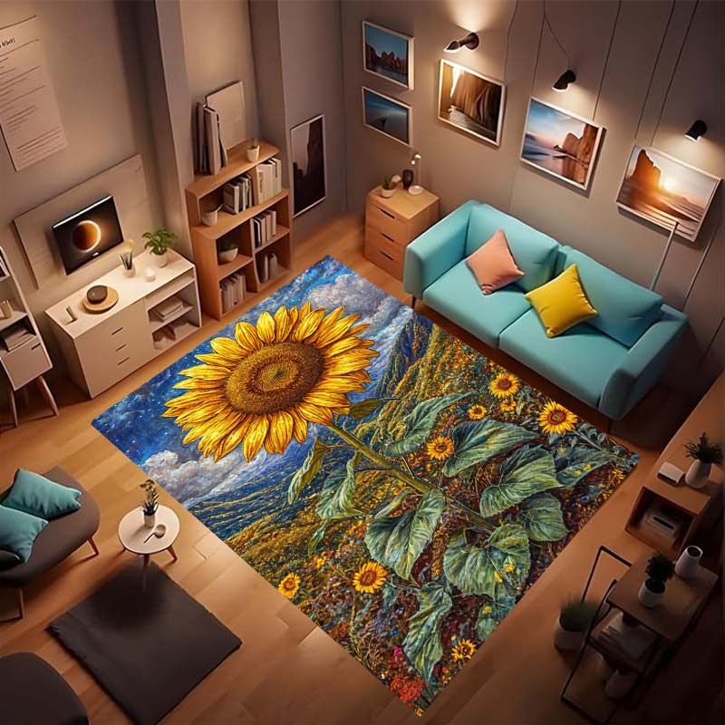 Customizable sunflower pattern non-slip rug, soft flannel, washable, non-slip backing, suitable for living rooms, bedrooms, bath
