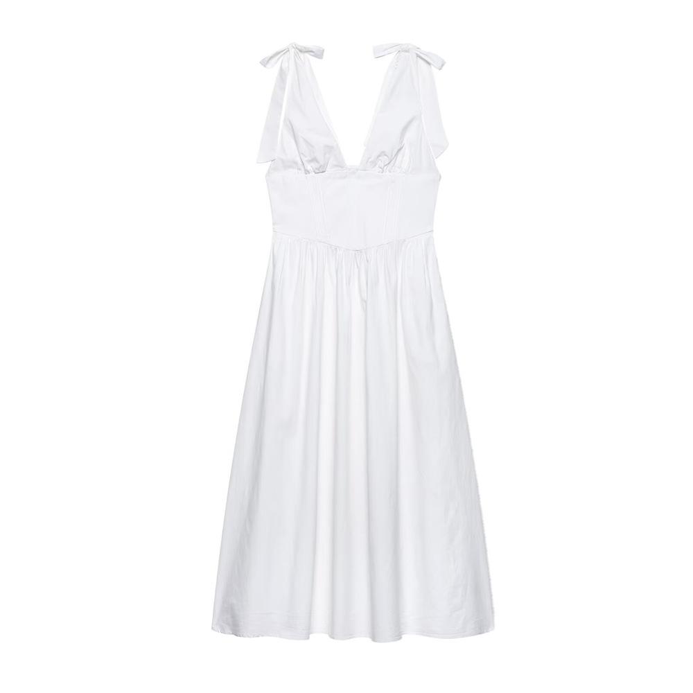 

Spring/Summer 2025 Women s V-Neck Bow Backless Poplin Midi Dress Medium