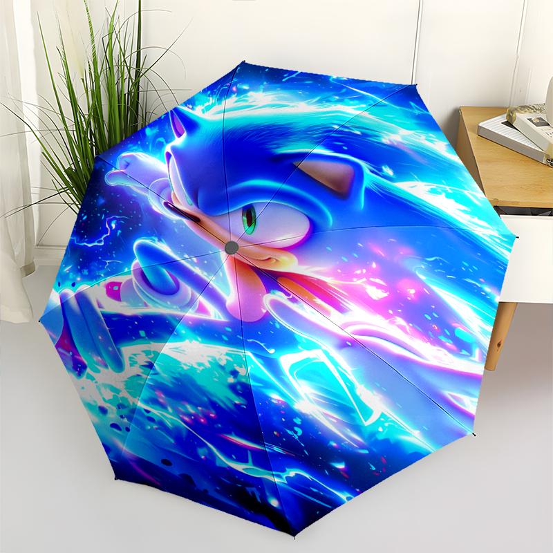 Sonic the Hedgehog Print Automatic Umbrella, 8 Rib Iron Frame, Plastic Handle, Suitable for Outdoor Travel &Daily , Ideal Gift
