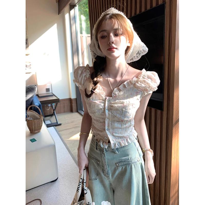 Japanese Kawaii Y2k Crop Tops Women Sweet Lace Design Print Short Sleeve T-shirt Summer French Fashion Evening Party Chic