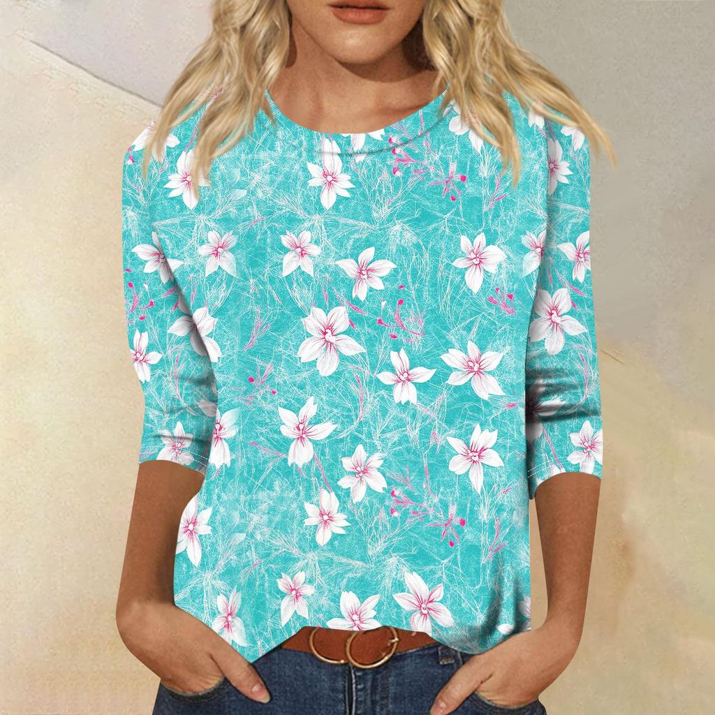 Women's Casual Floral Print Three Quarter Sleeve Round Neck T Shirt Lightweight Comfortable Fit Suitable for Everyday Wear