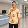 Womens Halloween Print V Neck Medical Scrub Top with Side Slits Three Quarter Sleeves and Front Pocket Nurse Uniform Shirt