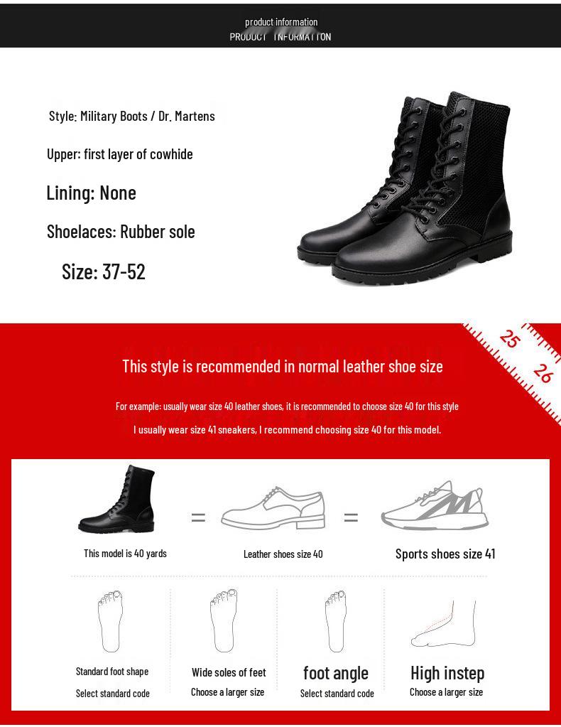 Men's Large Size Mesh Leather High-Top Casual Outdoor Work Boots (38-52)