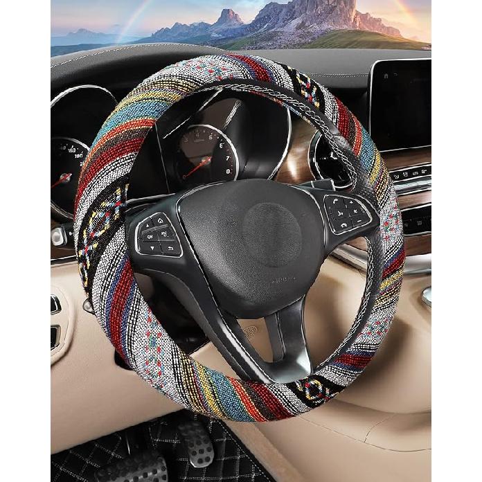SEG Direct Boho Steering Wheel Cover With Baja Blanket Cloth, Ethnic Style Auto Wheel Cover Made Of Coarse Flax, Fits 14 1/2-15 1/4 Inches Car Wheel