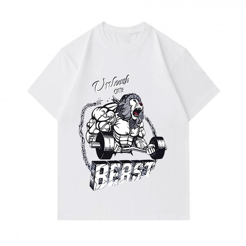 Men's 100% Cotton Crew Neck Short Sleeve T-Shirt, Unleash The Beast Muscular Lion Weightlifting Print Casual Fitness Workout Top