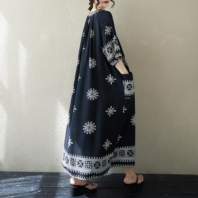 DIMANAF 2025 Summer Plus Size Dress Women Casual Long Vintage Cotton Dress Loose Basic Printing Dress