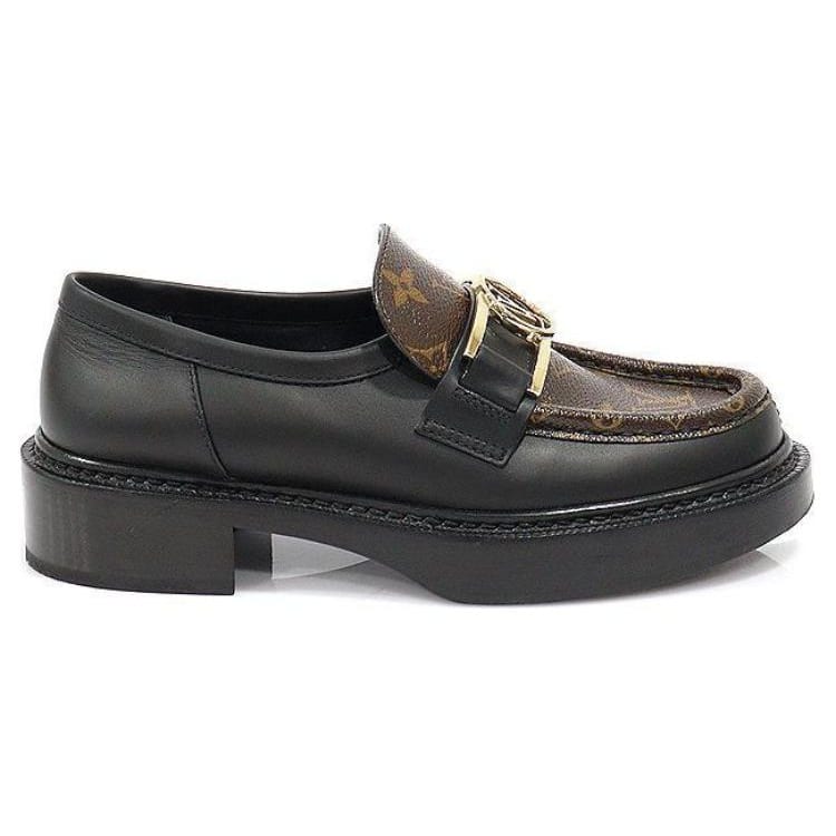 Louis Vuitton Academy Loafers 'Black With Brown Monogram And Gold Plate' Women's 1A7TXN