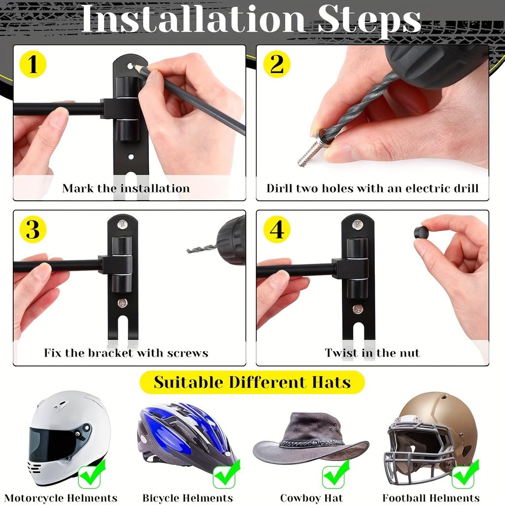 Heavy-Duty Motorcycle Football Helmet Rack with Hooks Space-Saving Garage Home or Office Organizer Pre-Drilled Installation Sturdy Construction