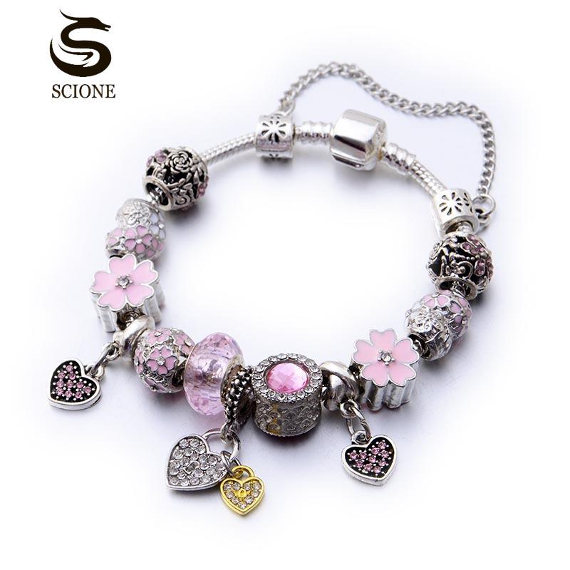 

SCIONE Подарки на День Святого Валентина Ювелирные изделия Серебряный браслет Набор Розовый Love Your Heart Цветочный опал Браслет 21cm розовый
