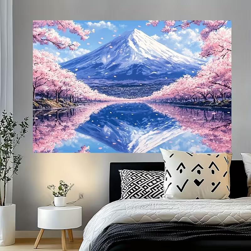 

2D Sakura Season Fuji Mountain Reflection Tapestry Spring Background Cloth 47.2x31.5inch/120*80cm
