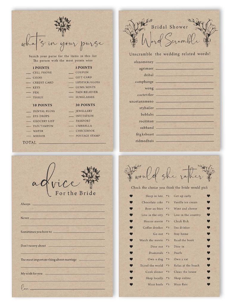 Inkdotpot Bridal Shower Games Set Of 4(50 Sheets Each) W   Miss To Mrs Gold Banner Rustic Kraft Paper Fun Bachelorette Party Games Set